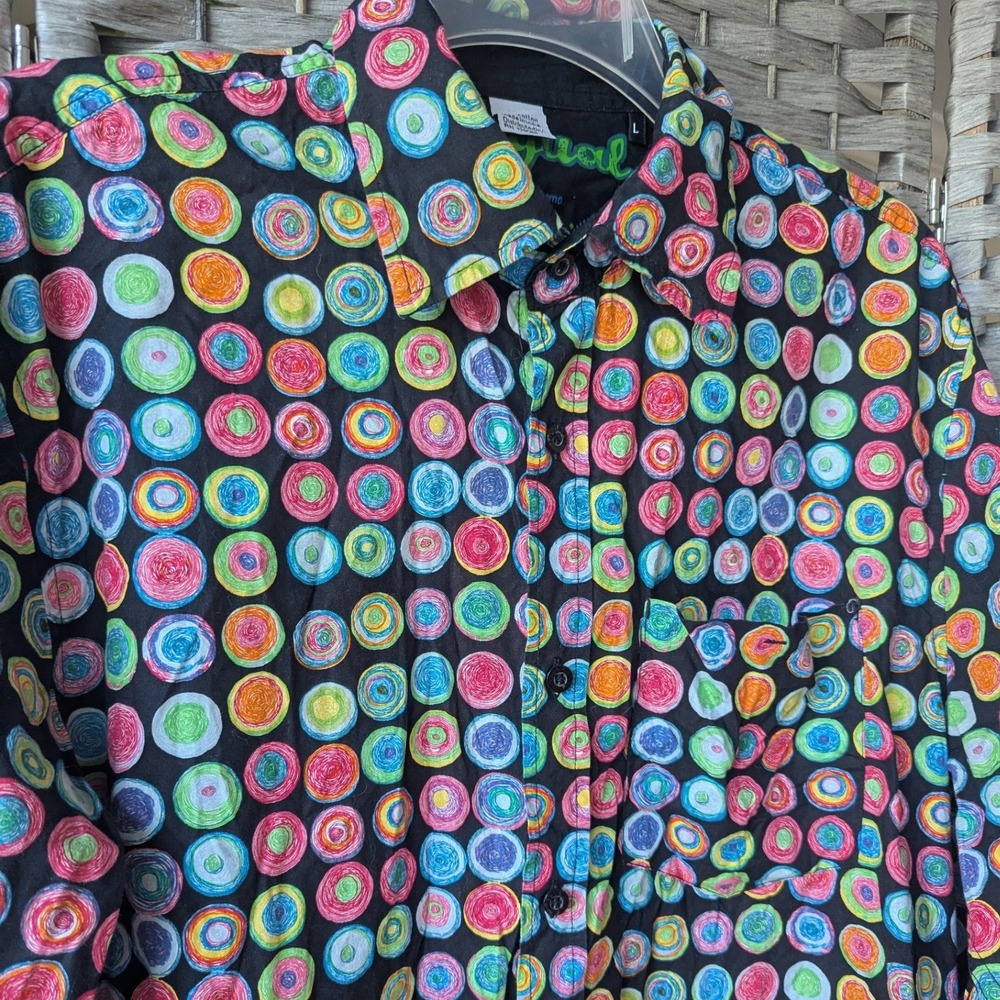 Desigual Button Up Mens Shirt Black Multicolor Spiral Circle Print  Sz L Floral
